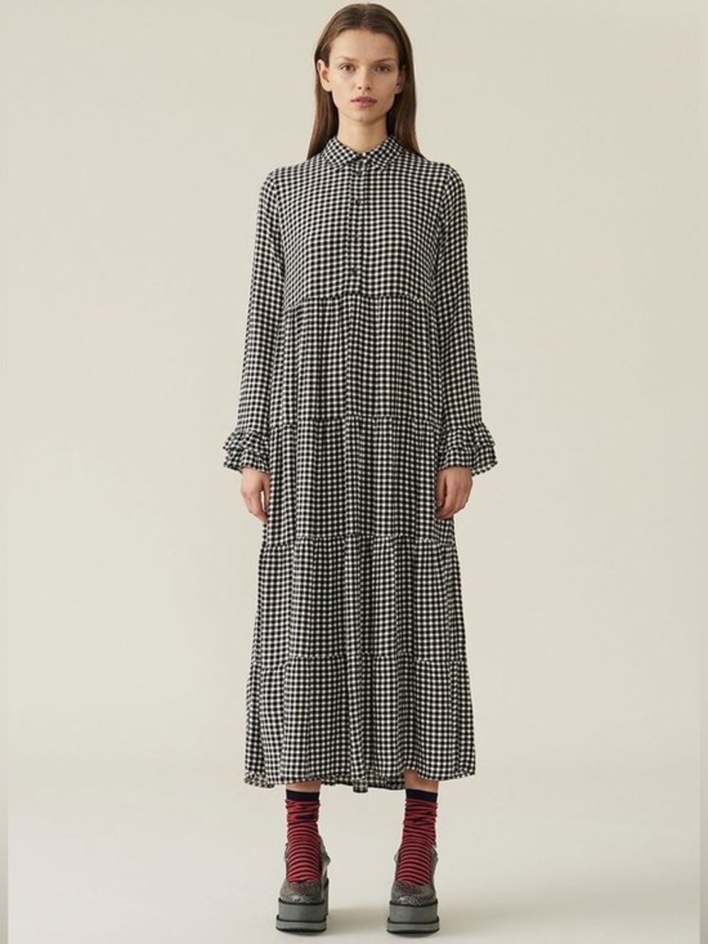GANNI Printed Crepe Layered Midi Dress in Check Gingham Black White Size 34 US 2